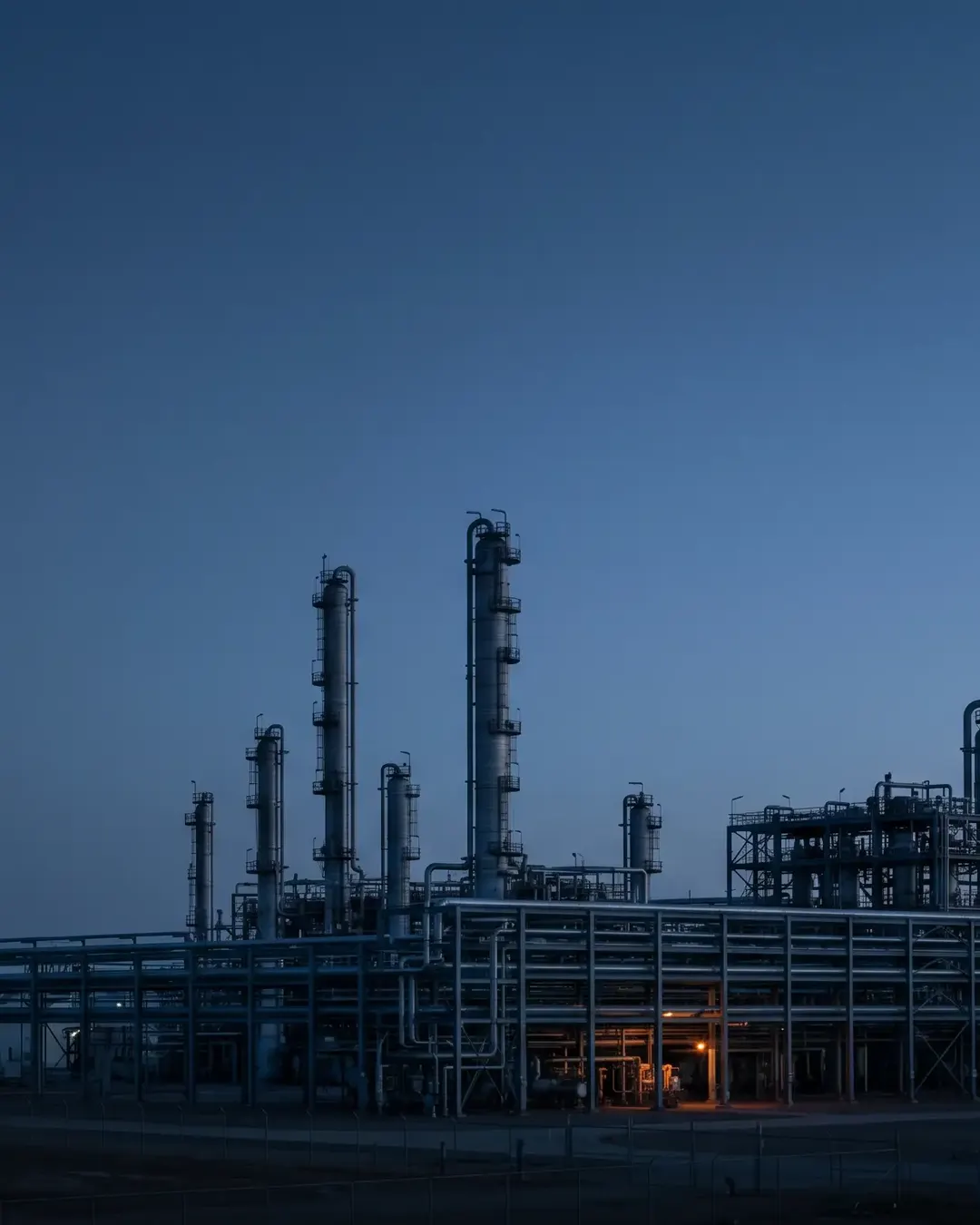 A process plant at dusk reduced to horizontal geometry under a graded navy sky