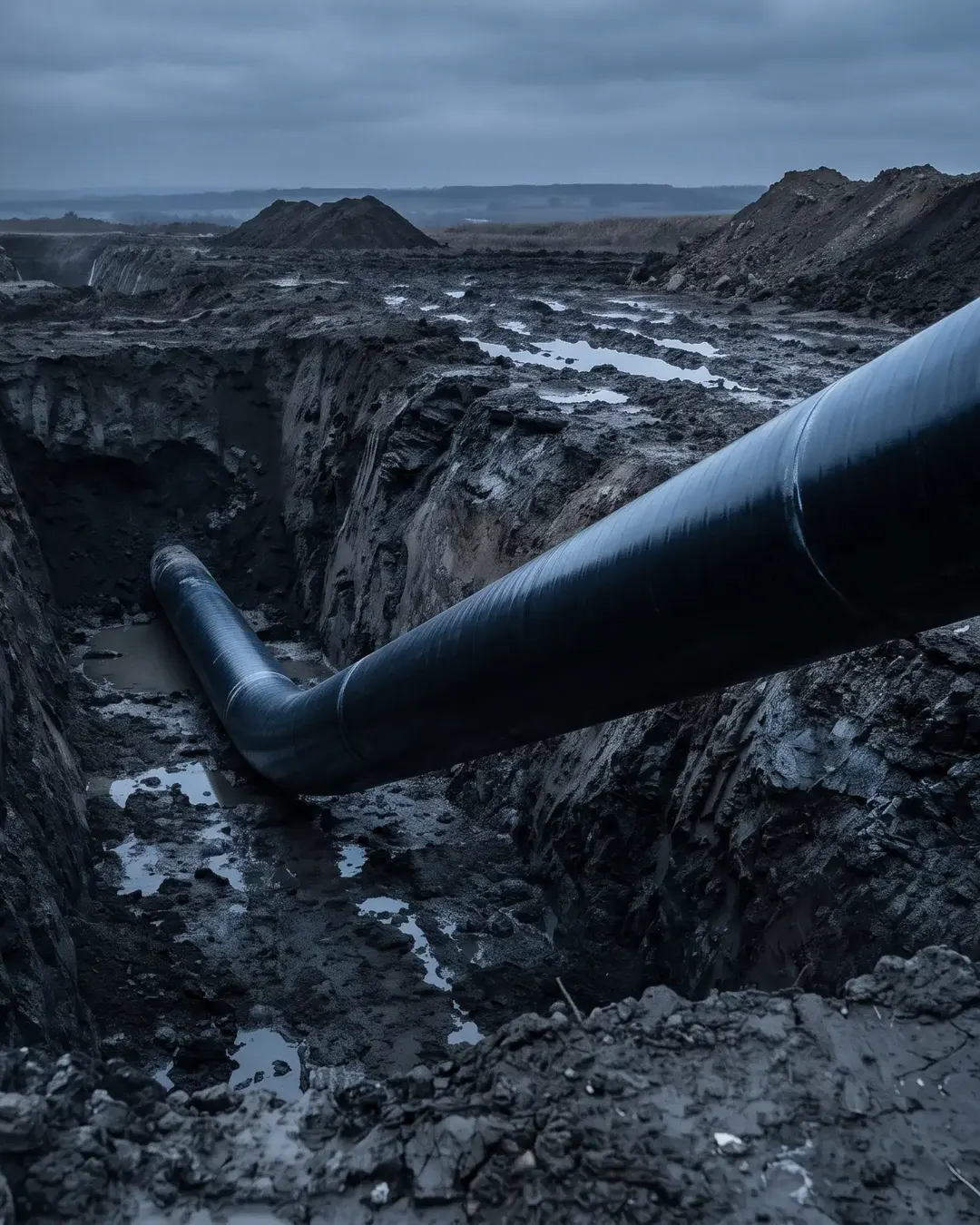 A coated buried pipeline descending into a trench at dusk