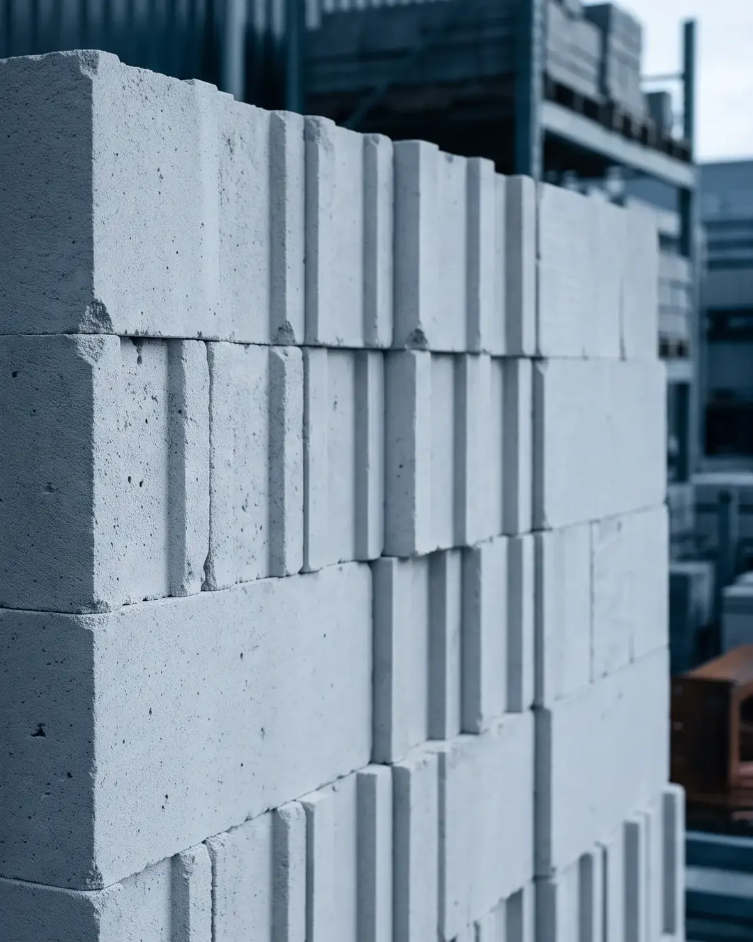 A stack of autoclaved aerated concrete blocks in cold monochrome