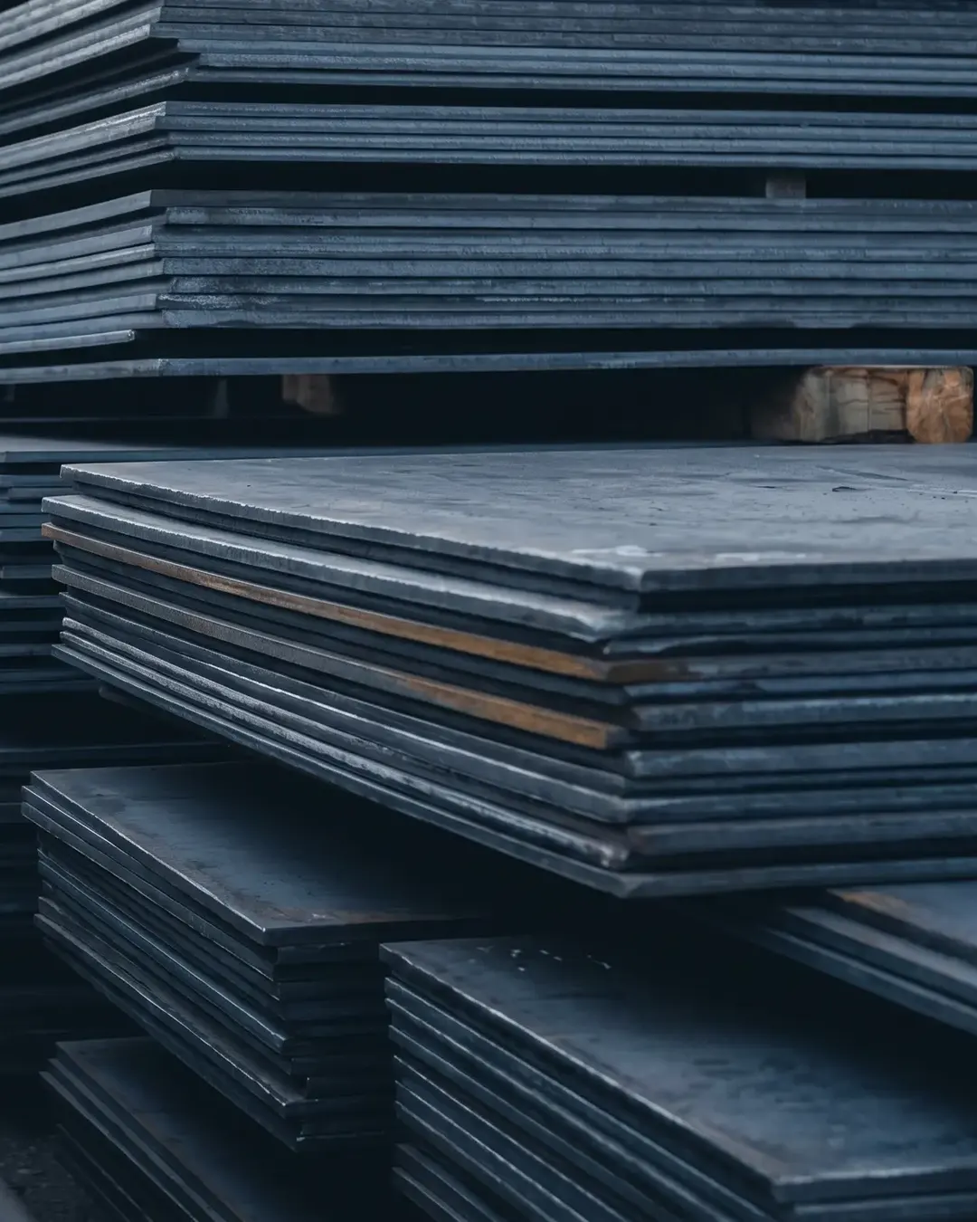 Stacks of steel plate awaiting inspection in cold light