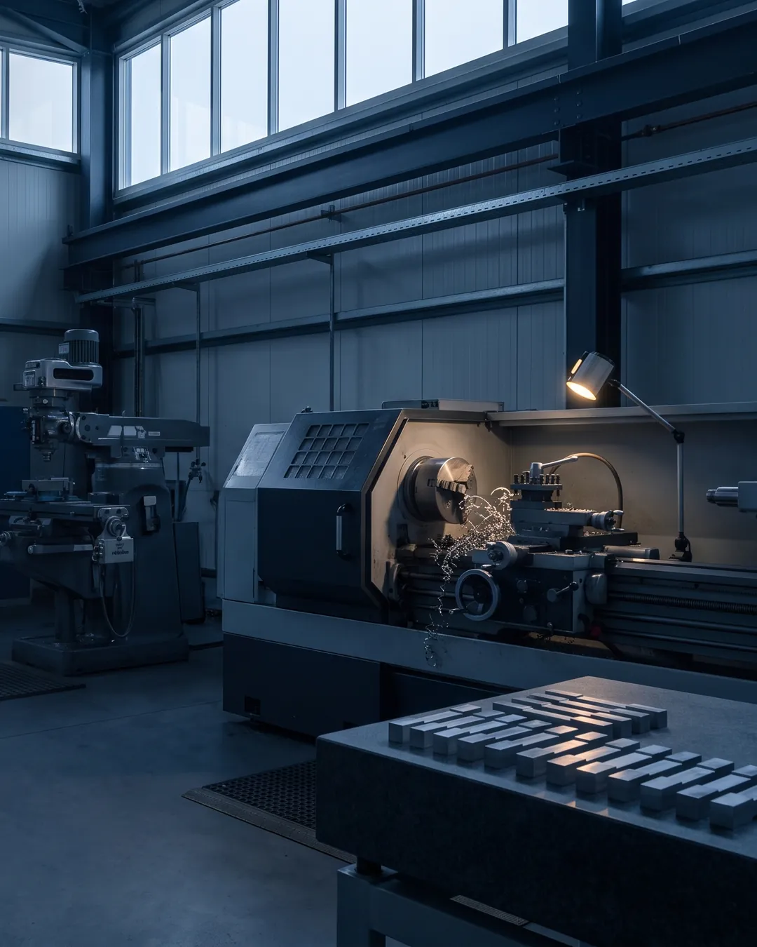 A precision machine shop bay at first light, a lathe and a milling machine standing over a surface plate of machined test-specimen blanks