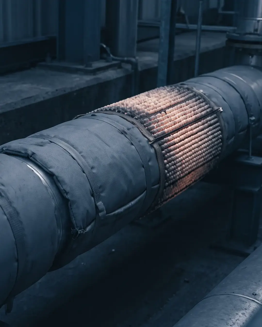 A pipe weld wrapped in ceramic heating mat with a restrained warm glow