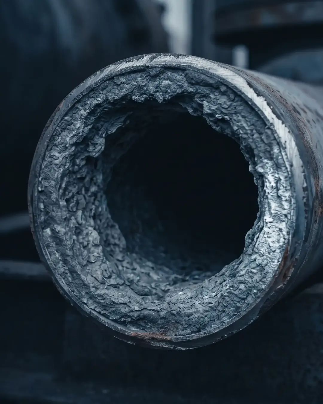 A sectioned pipe revealing internal scale and partial blockage in cold tone