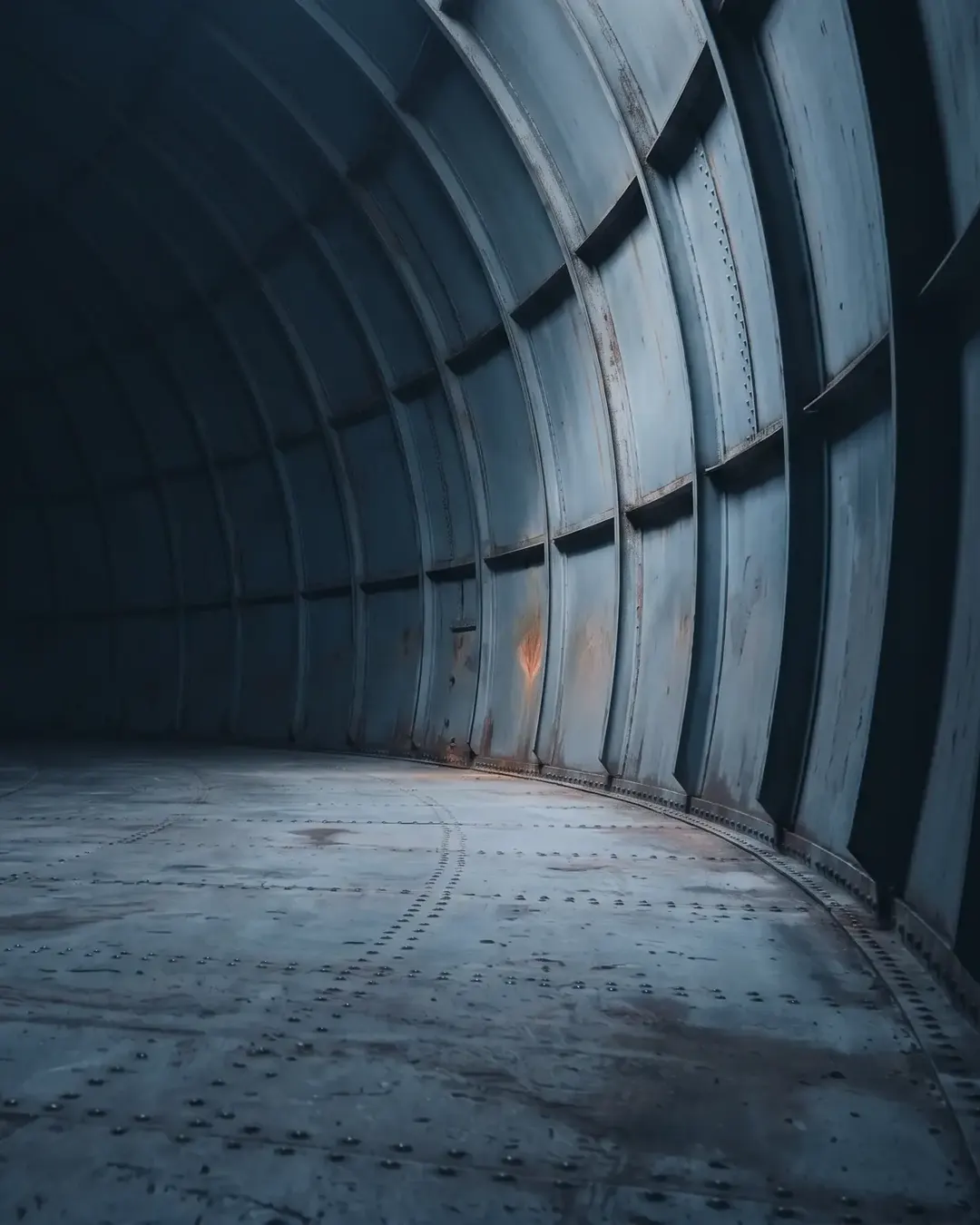 The cavernous interior floor of an empty storage tank in cold light