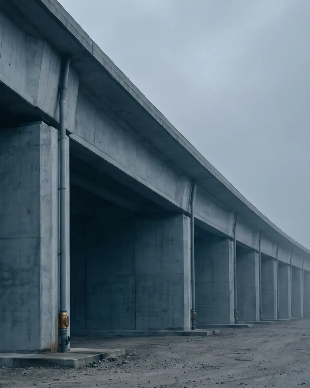 The underside of a long concrete box-girder viaduct, piers marching into cold mist