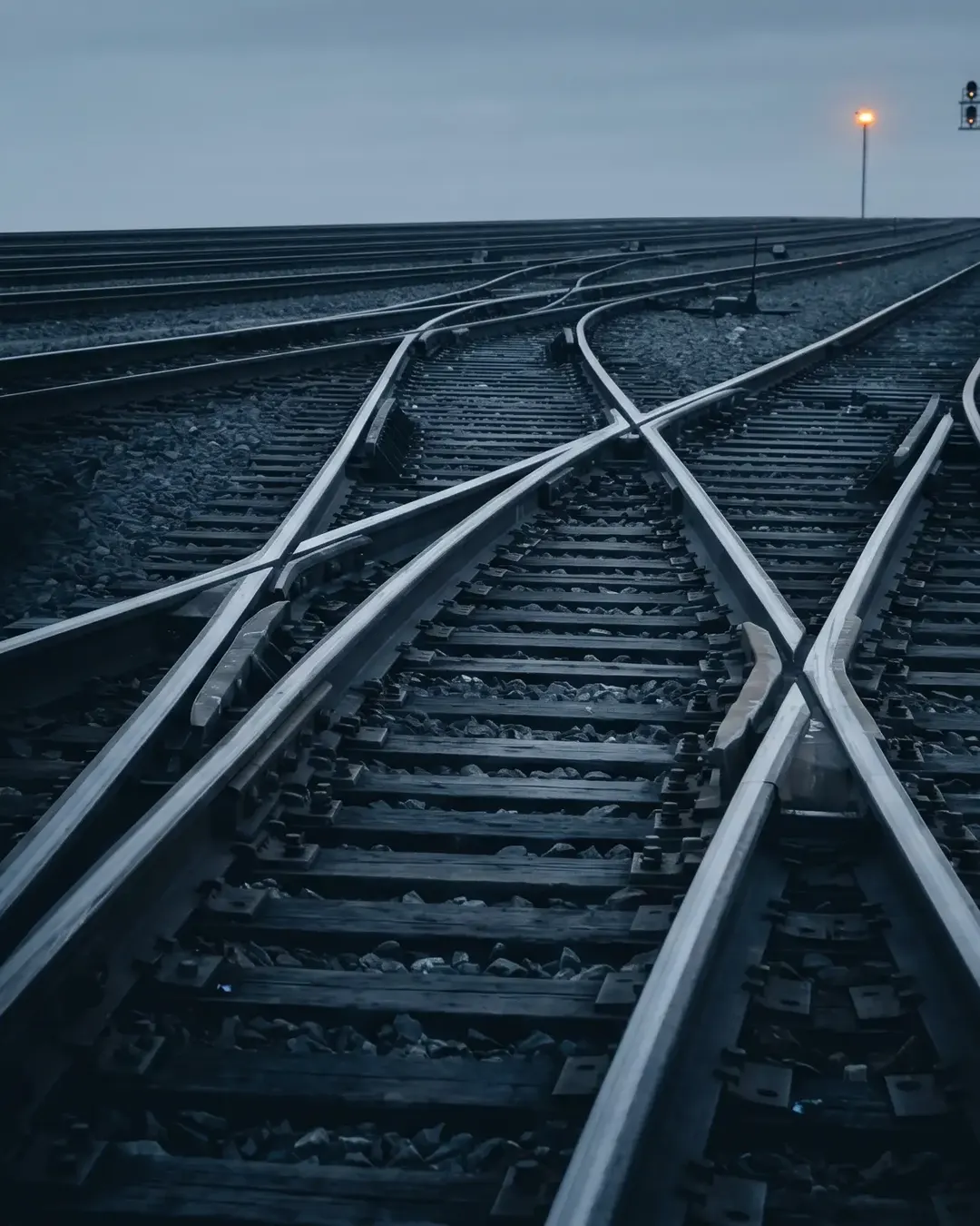 A ladder of rails and points in a marshalling yard at dawn, converging to a vanishing point
