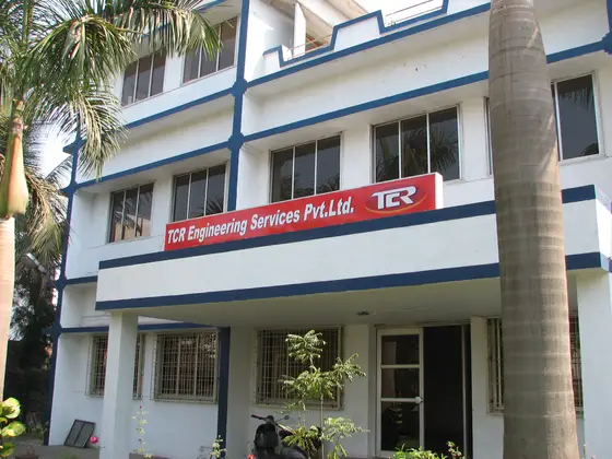 The front elevation of the TCR Engineering laboratory at Mahape, Navi Mumbai, with the company signage across the first floor