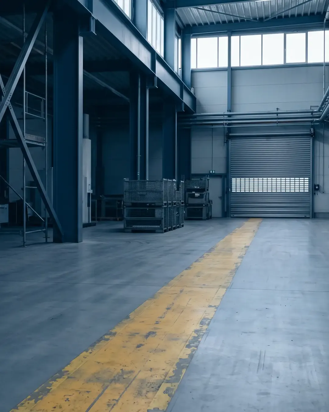 A yellow-painted safety walkway line on an empty industrial floor