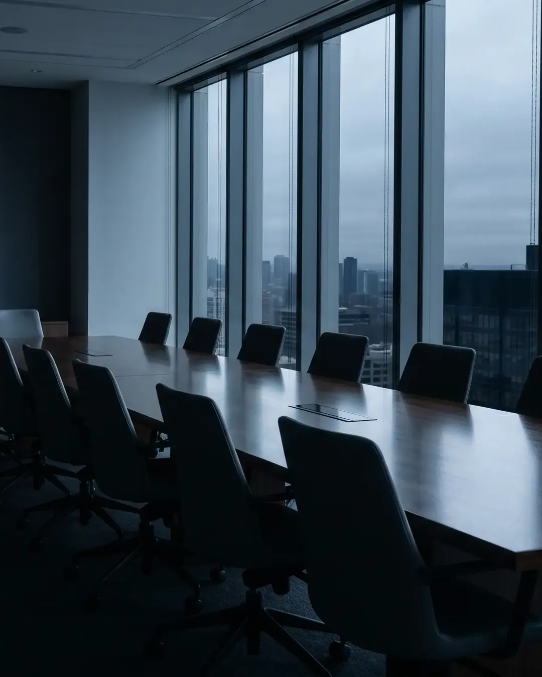An empty boardroom at dawn with a long dark table reflecting a wall of windows