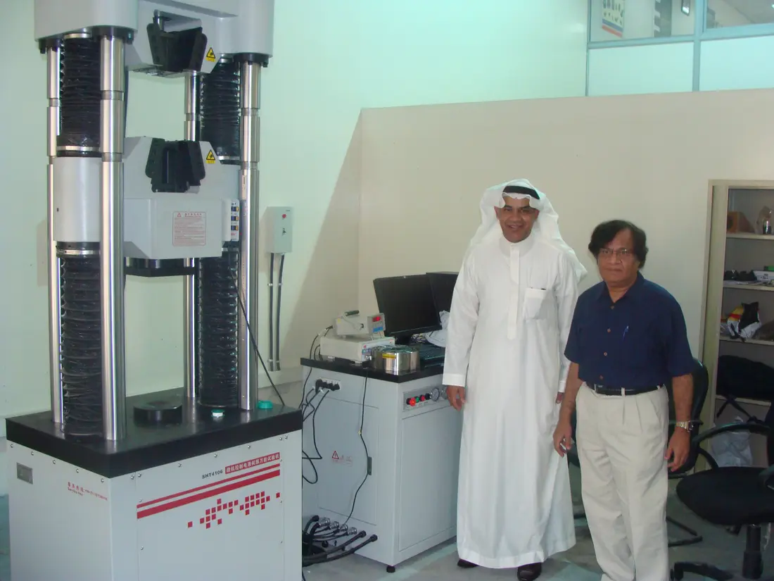 Inauguration of the mechanical testing laboratory, Dammam, 2012: the universal testing machine on its first day.