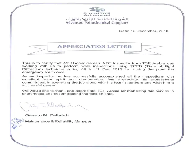 Appreciation letter from APPC