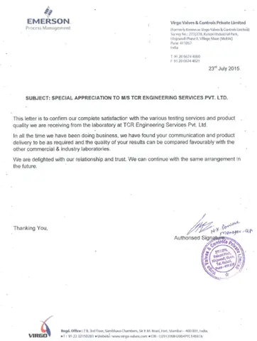 Appreciation letter from Emerson Process Management