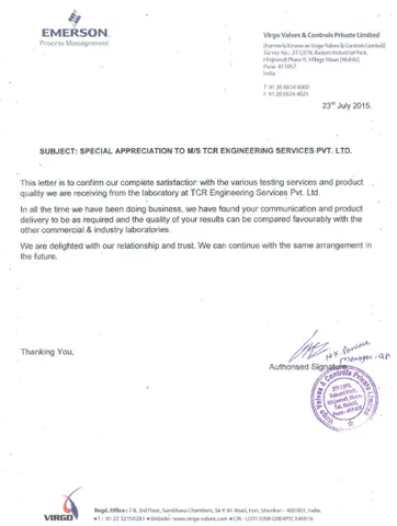 Appreciation letter from Emerson Process Management