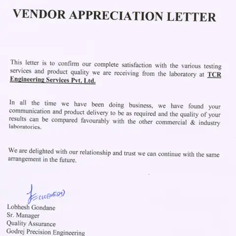 Appreciation letter from Godrej