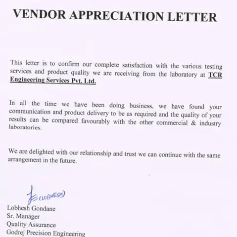 Appreciation letter from Godrej