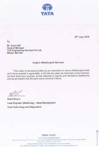 Appreciation letter from Tata Power