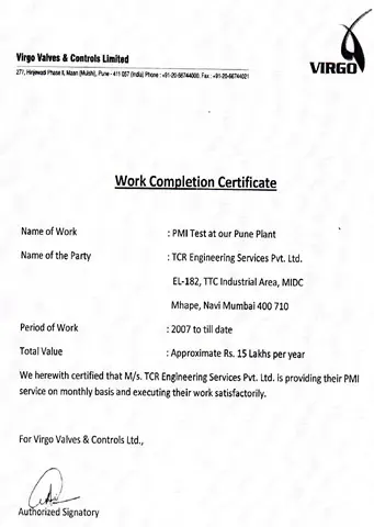 Work completion letter from Virgo Valves