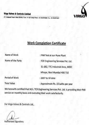 Work completion letter from Virgo Valves