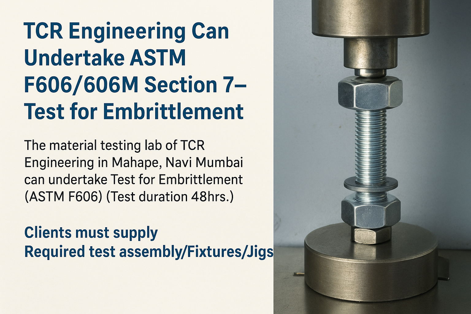 TCR Engineering in Mahape now offers ASTM F606/606M Sec 7 testing for embrittlement in coated fasteners. Test duration: 48 hrs.