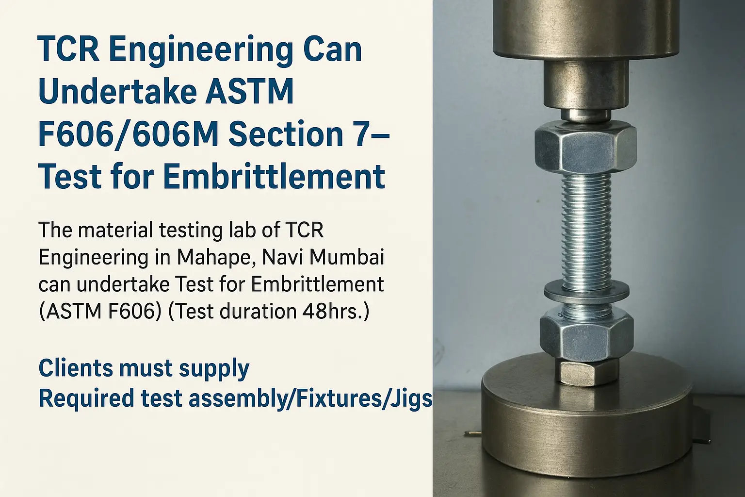 TCR Engineering in Mahape now offers ASTM F606/606M Sec 7 testing for embrittlement in coated fasteners. Test duration: 48 hrs.