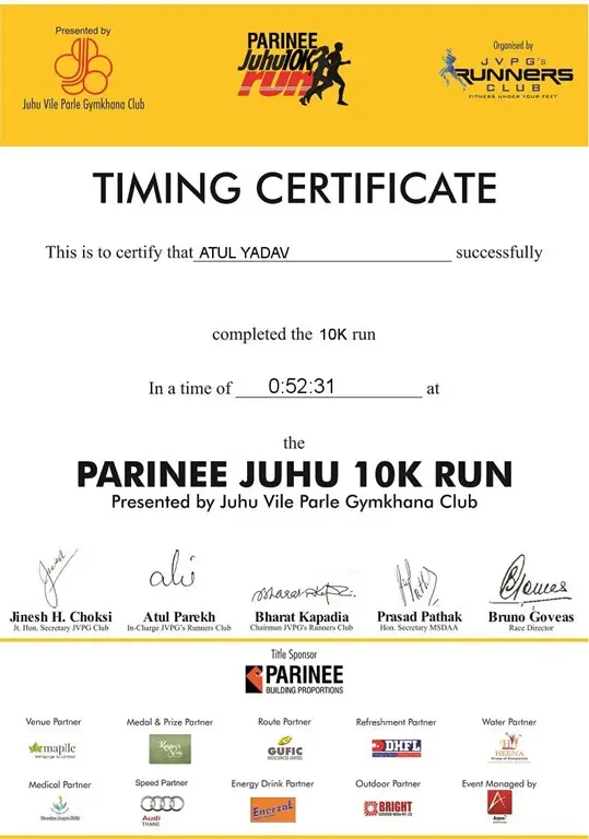 Atul Yadav certificate of Parinee Juhu Run