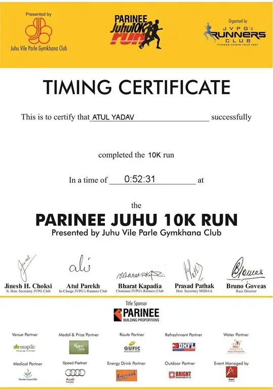 Atul Yadav certificate of Parinee Juhu Run
