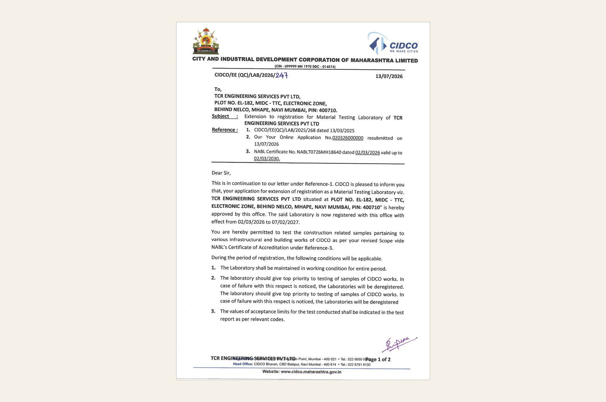 CIDCO extends TCR Engineering's material testing laboratory registration for Mumbai 3.0 works