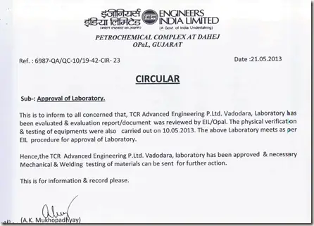Engineers India Limited (EIL) approves TCR Advanced