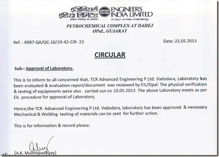 Engineers India Limited (EIL) approves TCR Advanced