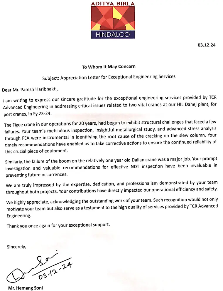 hindalco appreciation to TCR Advanced