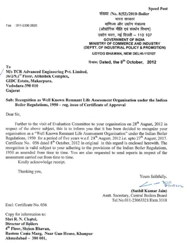 Indian Boiler Regulatory approves TCR Advanced