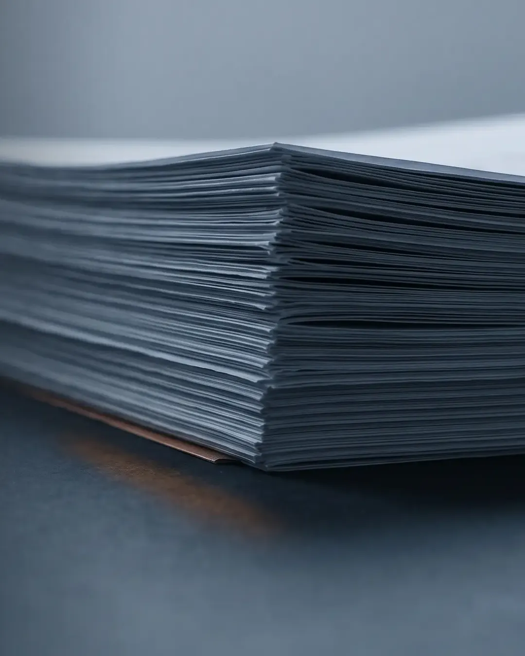 A stack of unbound technical papers photographed at a low angle, layered edges only