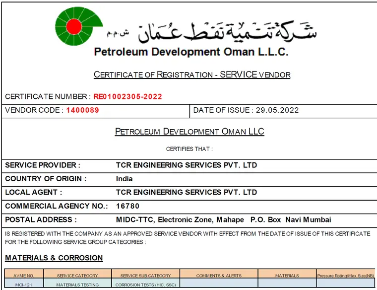 PDO Approves TCR Engineering, India
