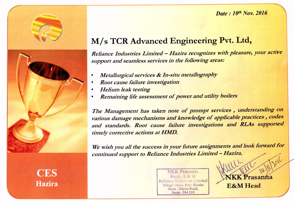 Reliance Industries appreciates TCR Advanced