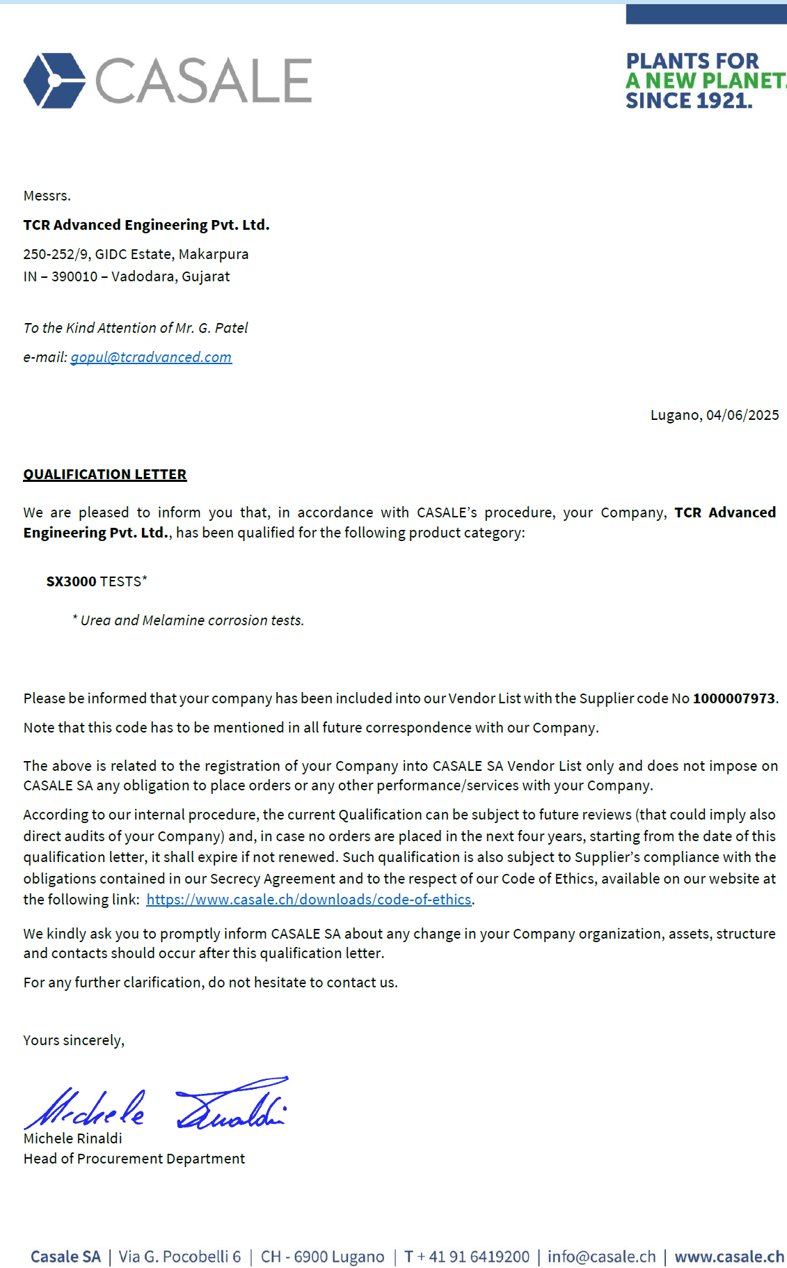 TCR Advanced Engineering is honored to be recognized by Casale SA and looks forward to supporting critical infrastructure projects around the world with integrity, accuracy, and speed.