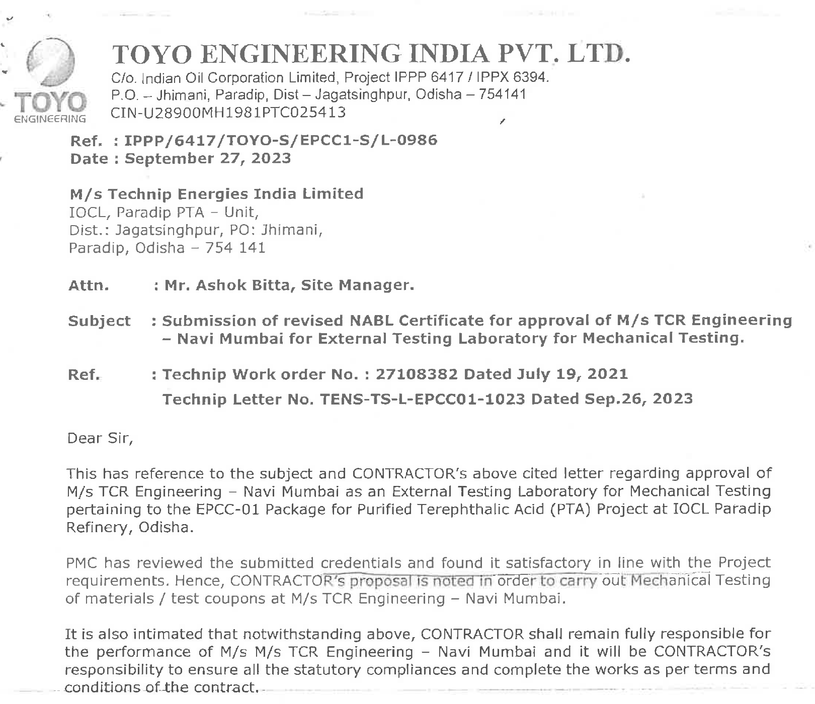TCR Engineering Approved by Toyo Engineering & Technip