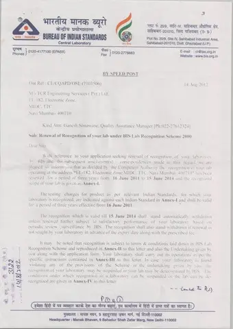 TCR Engineering gets re-certified by Bureau of Indian Standards (BIS)
