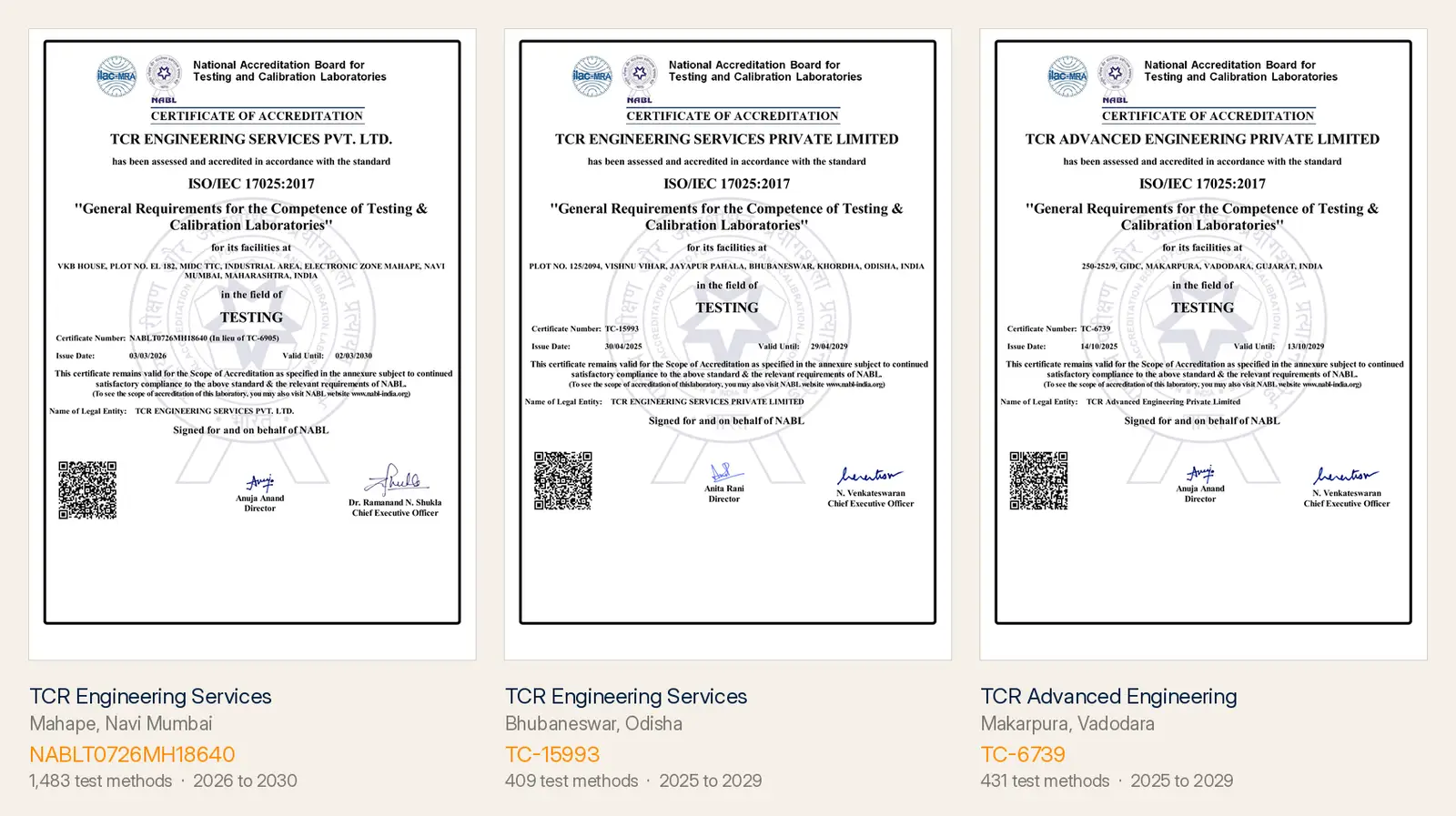 The three NABL ISO/IEC 17025 certificates held across the TCR group: Mahape NABLT0726MH18640, Bhubaneswar TC-15993 and TCR Advanced Vadodara TC-6739
