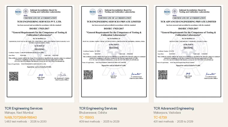 The three NABL ISO/IEC 17025 certificates held across the TCR group: Mahape NABLT0726MH18640, Bhubaneswar TC-15993 and TCR Advanced Vadodara TC-6739