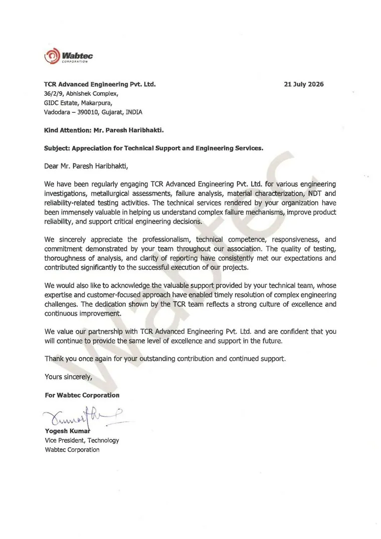 Wabtec Corporation Writes to TCR Advanced: Failure Analysis, Material Characterisation and Reliability Testing